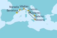 Visitando Civitavecchia (Roma), Salerno (Italia), Messina (Sicilia), Livorno, Pisa y Florencia (Italia), Villefranche (Niza/Mónaco/Francia), Marsella (Francia), Barcelona