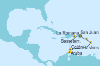 Visitando San Juan (Puerto Rico), La Romana (República Dominicana), Aruba (Antillas), Colón, Castries (Santa Lucía/Caribe), Basseterre (Antillas), San Juan (Puerto Rico)