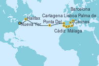 Visitando Nueva York (Estados Unidos), Halifax (Canadá), Ponta Delgada (Azores), Lisboa (Portugal), Cádiz (España), Málaga, Cartagena (Murcia), Palma de Mallorca (España), Cannes (Francia), Barcelona