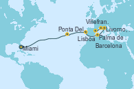 Visitando Miami (Florida/EEUU), Ponta Delgada (Azores), Lisboa (Portugal), Palma de Mallorca (España), Livorno, Pisa y Florencia (Italia), Villefranche (Niza/Mónaco/Francia), Barcelona