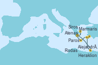 Visitando Atenas (Grecia), Alejandría (Egipto), Alejandría (Egipto), Rodas (Grecia), Rodas (Grecia), Marmaris (Turquía), Cos (Grecia), Heraklion (Creta), Paros (Grecia), Siros (Grecia), Atenas (Grecia)