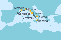 Visitando Barcelona, Marsella (Francia), Villefranche (Niza/Mónaco/Francia), Livorno, Pisa y Florencia (Italia), Messina (Sicilia), Salerno (Italia), Civitavecchia (Roma)