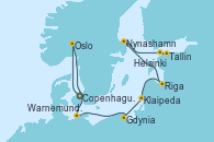 Visitando Copenhague (Dinamarca), Oslo (Noruega), Warnemunde (Alemania), Gdynia (Polonia), Klaipeda (Lituania), Riga (Letonia), Nynashamn (Suecia), Tallin (Estonia), Helsinki (Finlandia)