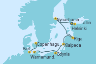 Visitando Helsinki (Finlandia), Tallin (Estonia), Nynashamn (Suecia), Riga (Letonia), Klaipeda (Lituania), Gdynia (Polonia), Warnemunde (Alemania), Kiel (Alemania), Copenhague (Dinamarca), Copenhague (Dinamarca)