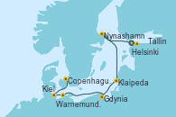 Visitando Helsinki (Finlandia), Tallin (Estonia), Nynashamn (Suecia), Klaipeda (Lituania), Gdynia (Polonia), Warnemunde (Alemania), Kiel (Alemania), Copenhague (Dinamarca)