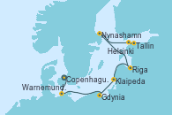 Visitando Copenhague (Dinamarca), Warnemunde (Alemania), Gdynia (Polonia), Klaipeda (Lituania), Riga (Letonia), Nynashamn (Suecia), Tallin (Estonia), Helsinki (Finlandia)