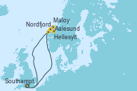 Visitando Southampton (Inglaterra), Aalesund (Noruega), Nordfjordeid, Hellesylt (Noruega), Maloy (Noruega), Southampton (Inglaterra)