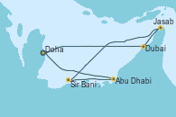 Visitando Doha (Catar), Doha (Catar), Doha (Catar), Dubai, Dubai, Jasab (Omán), Sir Bani Yas Is (Emiratos Árabes Unidos), Abu Dhabi (Emiratos Árabes Unidos), Doha (Catar)