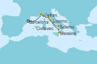 Visitando Barcelona, PALAMOS, SPAIN, Villefranche (Niza/Mónaco/Francia), Livorno, Pisa y Florencia (Italia), Messina (Sicilia), Salerno (Italia), Civitavecchia (Roma)