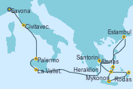 Visitando Savona (Italia), Civitavecchia (Roma), Palermo (Italia), La Valletta (Malta), Atenas (Grecia), Estambul (Turquía), Mykonos (Grecia), Heraklion (Creta), Rodas (Grecia), Santorini (Grecia), Atenas (Grecia)