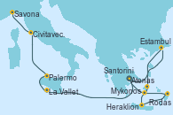 Visitando Atenas (Grecia), Estambul (Turquía), Mykonos (Grecia), Heraklion (Creta), Rodas (Grecia), Santorini (Grecia), Atenas (Grecia), La Valletta (Malta), Palermo (Italia), Civitavecchia (Roma), Savona (Italia)