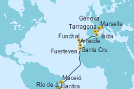 Visitando Santos (Brasil), Río de Janeiro (Brasil), Maceió (Brasil), Santa Cruz de Tenerife (España), Arrecife (Lanzarote/España), Fuerteventura (Canarias/España), Funchal (Madeira), Ibiza (España), Tarragona (España), Marsella (Francia), Génova (Italia)