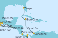 Visitando Los Ángeles (California), San Diego (California/EEUU), Cabo San Lucas (México), Puerto Vallarta (México), Puerto Quetzal (Guatemala), Puntarenas (Costa Rica), Puerto Cristóbal (Panamá), Canal Panamá, Cartagena de Indias (Colombia), Gran Caimán (Islas Caimán), Tampa (Florida)