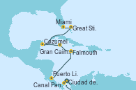 Visitando Ciudad de Panamá (Panamá), Canal Panamá, Puerto Limón (Costa Rica), Falmouth (Jamaica), Gran Caimán (Islas Caimán), Cozumel (México), Great Stirrup Cay (Bahamas), Miami (Florida/EEUU)