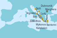 Visitando Marghera (Venecia/Italia), Bari (Italia), Mykonos (Grecia), Santorini (Grecia), Katakolon (Olimpia/Grecia), Marghera (Venecia/Italia), Bari (Italia), Corfú (Grecia), Zakinthos (Grecia), Argostoli (Grecia), Dubrovnik (Croacia), Split (Croacia), Marghera (Venecia/Italia)