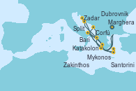 Visitando Marghera (Venecia/Italia), Bari (Italia), Mykonos (Grecia), Santorini (Grecia), Katakolon (Olimpia/Grecia), Marghera (Venecia/Italia), Bari (Italia), Dubrovnik (Croacia), Zakinthos (Grecia), Corfú (Grecia), Split (Croacia), Zadar (Croacia), Marghera (Venecia/Italia)