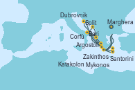 Visitando Marghera (Venecia/Italia), Bari (Italia), Dubrovnik (Croacia), Zakinthos (Grecia), Argostoli (Grecia), Corfú (Grecia), Split (Croacia), Marghera (Venecia/Italia), Bari (Italia), Mykonos (Grecia), Santorini (Grecia), Katakolon (Olimpia/Grecia), Marghera (Venecia/Italia)