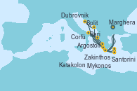 Visitando Marghera (Venecia/Italia), Bari (Italia), Corfú (Grecia), Zakinthos (Grecia), Argostoli (Grecia), Dubrovnik (Croacia), Split (Croacia), Marghera (Venecia/Italia), Bari (Italia), Mykonos (Grecia), Santorini (Grecia), Katakolon (Olimpia/Grecia), Marghera (Venecia/Italia)