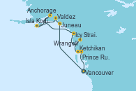 Visitando Vancouver (Canadá), Juneau (Alaska), Valdez (Alaska), Isla Kodiak (Alaska), Anchorage (Alaska), Icy Strait Point (Alaska), Wrangell (Alaska), Ketchikan (Alaska), Prince Rupert (Canadá), Vancouver (Canadá)