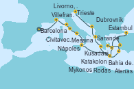 Visitando Barcelona, Villefranche (Niza/Mónaco/Francia), Livorno, Pisa y Florencia (Italia), Civitavecchia (Roma), Nápoles (Italia), Nápoles (Italia), Messina (Sicilia), Bahía de Souda (Grecia), Rodas (Grecia), Kusadasi (Efeso/Turquía), Atenas (Grecia), Kusadasi (Efeso/Turquía), Estambul (Turquía), Estambul (Turquía), Mykonos (Grecia), Bahía de Souda (Grecia), Katakolon (Olimpia/Grecia), Sarande (Albania), Dubrovnik (Croacia), Trieste (Italia)