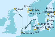 Visitando Rotterdam (Holanda), Haugesund (Noruega), Eidfjord (Hardangerfjord/Noruega), Bergen (Noruega), Kirkwall (Escocia), Rotterdam (Holanda), Warnemunde (Alemania), Tallin (Estonia), Helsinki (Finlandia), Estocolmo (Suecia), Visby (Suecia), Gdynia (Polonia), Kiel (Alemania), Copenhague (Dinamarca), Rotterdam (Holanda)