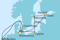 Visitando Rotterdam (Holanda), Warnemunde (Alemania), Tallin (Estonia), Helsinki (Finlandia), Estocolmo (Suecia), Visby (Suecia), Gdynia (Polonia), Kiel (Alemania), Copenhague (Dinamarca), Rotterdam (Holanda)