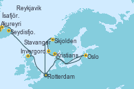 Visitando Rotterdam (Holanda), Oslo (Noruega), Kristiansand (Noruega), Stavanger (Noruega), Skjolden (Noruega), Rotterdam (Holanda), Invergordon (Escocia), Seydisfjordur (Islandia), Akureyri (Islandia), Ísafjörður (Islandia), Reykjavik (Islandia)