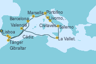 Visitando Lisboa (Portugal), Cádiz (España), Tánger (Marruecos), Valencia, La Valletta (Malta), La Valletta (Malta), Salerno (Italia), Civitavecchia (Roma), Civitavecchia (Roma), Livorno, Pisa y Florencia (Italia), Portofino (Italia), Marsella (Francia), Gibraltar (Inglaterra), Barcelona