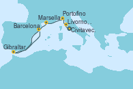 Visitando Civitavecchia (Roma), Livorno, Pisa y Florencia (Italia), Portofino (Italia), Marsella (Francia), Gibraltar (Inglaterra), Barcelona