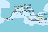 Visitando Civitavecchia (Roma), Livorno, Pisa y Florencia (Italia), Portofino (Italia), Marsella (Francia), Gibraltar (Inglaterra), Barcelona, La Valletta (Malta), Bahía de Souda (Grecia), Santorini (Grecia), Kusadasi (Efeso/Turquía), Atenas (Grecia)