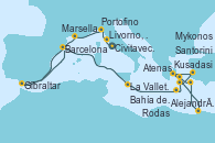 Visitando Civitavecchia (Roma), Livorno, Pisa y Florencia (Italia), Portofino (Italia), Marsella (Francia), Gibraltar (Inglaterra), Barcelona, La Valletta (Malta), Bahía de Souda (Grecia), Santorini (Grecia), Kusadasi (Efeso/Turquía), Atenas (Grecia), Alejandría (Egipto), Alejandría (Egipto), Rodas (Grecia), Mykonos (Grecia), Atenas (Grecia)