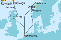 Visitando Reykjavik (Islandia), Heimaey (Islas Westmann/Islandia), Djupivogur (Islandia), Edimburgo (Escocia), Rotterdam (Holanda), Aalesund (Noruega), Olden (Noruega), Bergen (Noruega), Rotterdam (Holanda)