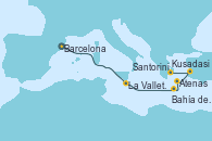 Visitando Barcelona, La Valletta (Malta), Bahía de Souda (Grecia), Santorini (Grecia), Kusadasi (Efeso/Turquía), Atenas (Grecia)