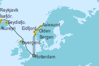 Visitando Rotterdam (Holanda), Eidfjord (Hardangerfjord/Noruega), Olden (Noruega), Aalesund (Noruega), Bergen (Noruega), Rotterdam (Holanda), Invergordon (Escocia), Seydisfjordur (Islandia), Akureyri (Islandia), Ísafjörður (Islandia), Reykjavik (Islandia)