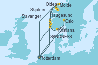 Visitando Rotterdam (Holanda), Haugesund (Noruega), Molde (Noruega), Olden (Noruega), SANDNESS (STAVANGER), Rotterdam (Holanda), Oslo (Noruega), Kristiansand (Noruega), Stavanger (Noruega), Skjolden (Noruega), Rotterdam (Holanda)