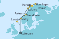 Visitando Rotterdam (Holanda), Maloy (Noruega), Trondheim (Noruega), Honningsvag (Noruega), Tromso (Noruega), Harstad (Noruega), Leknes (Noruega), KRISTIANSUND, Aalesund (Noruega), Lerwick (Escocia), Rotterdam (Holanda)