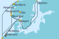 Visitando Ámsterdam (Holanda), Haugesund (Noruega), Nordfjordeid, Aalesund (Noruega), Rotterdam (Holanda), Oslo (Noruega), Skagen (Dinamarca), Stavanger (Noruega), Skjolden (Noruega), Rotterdam (Holanda)