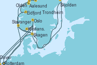 Visitando Rotterdam (Holanda), Oslo (Noruega), Skagen (Dinamarca), Stavanger (Noruega), Skjolden (Noruega), Rotterdam (Holanda), Eidfjord (Hardangerfjord/Noruega), Aalesund (Noruega), Trondheim (Noruega), Olden (Noruega), Stavanger (Noruega), Kristiansand (Noruega), Oslo (Noruega), Oslo (Noruega), Dover (Inglaterra), Rotterdam (Holanda)