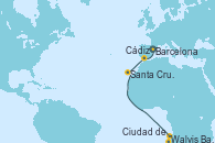 Visitando Barcelona, Cádiz (España), Santa Cruz de Tenerife (España), Walvis Bay (Namibia), Ciudad del Cabo (Sudáfrica)