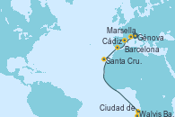 Visitando Génova (Italia), Marsella (Francia), Barcelona, Cádiz (España), Santa Cruz de Tenerife (España), Walvis Bay (Namibia), Ciudad del Cabo (Sudáfrica)