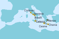 Visitando Atenas (Grecia), Cesme (Turquía), Chania (Creta/Grecia), Catania (Sicilia), Amalfi (Italia), Sorrento (Nápoles/Italia), Civitavecchia (Roma)