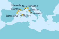 Visitando Civitavecchia (Roma), Livorno, Pisa y Florencia (Italia), Livorno, Pisa y Florencia (Italia), Portofino (Italia), Niza (Francia), Marsella (Francia), Palamos (Gerona/España), Mahón (Menorca/España), Barcelona