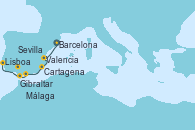 Visitando Barcelona, Valencia, Cartagena (Murcia), Málaga, Gibraltar (Inglaterra), Sevilla (España), Sevilla (España), Lisboa (Portugal)