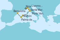 Visitando Niza (Francia), Santa Margarita (Italia), Porto Venere (Italia), Livorno, Pisa y Florencia (Italia), Livorno, Pisa y Florencia (Italia), Mahón (Menorca/España), Palma de Mallorca (España), Barcelona