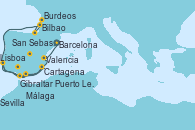 Visitando Barcelona, Valencia, Cartagena (Murcia), Málaga, Gibraltar (Inglaterra), Sevilla (España), Sevilla (España), Sevilla (España), Lisboa (Portugal), Puerto Leixões (Portugal), Bilbao (España), San Sebastián (España), Burdeos (Francia), Burdeos (Francia)