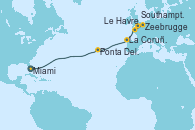 Visitando Miami (Florida/EEUU), Ponta Delgada (Azores), La Coruña (Galicia/España), Zeebrugge (Bruselas), Le Havre (Francia), Southampton (Inglaterra)