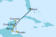 Visitando Miami (Florida/EEUU), Belize (Caribe), Roatán (Honduras), Cozumel (México), Costa Maya (México), Miami (Florida/EEUU)