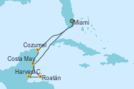 Visitando Miami (Florida/EEUU), Cozumel (México), Harvest Caye (Belize), Roatán (Honduras), Costa Maya (México), Miami (Florida/EEUU)