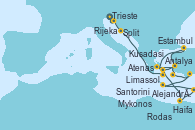 Visitando Trieste (Italia), Rijeka (Croacia), Split (Croacia), Santorini (Grecia), Mykonos (Grecia), Kusadasi (Efeso/Turquía), Estambul (Turquía), Estambul (Turquía), Atenas (Grecia), Alejandría (Egipto), Haifa (Israel), Haifa (Israel), Limassol (Chipre), Antalya (Turquía), Rodas (Grecia), Kusadasi (Efeso/Turquía), Atenas (Grecia)