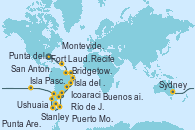 Visitando Fort Lauderdale (Florida/EEUU), Bridgetown (Barbados), Isla del Diablo (Guyana Francesa/Francia), Icoaraci (Belem), Recife (Brasil), Río de Janeiro (Brasil), Río de Janeiro (Brasil), Punta del Este (Uruguay), Buenos aires, Montevideo (Uruguay), Stanley (Malvinas), Ushuaia (Argentina), Punta Arenas (Chile), Puerto Montt (Chile), San Antonio (Chile), Isla Pascua (Chile), Islas Pitcairn (Pacífico), Papeete (Tahití), Papeete (Tahití), BAHIA D' OPUNOHA, MOOREA, Raiatea (Polinesia Francesa), Nukualofa (Tongatapu), Auckland (Nueva Zelanda), Waitangi (Islas Bay/Nueva Zelanda), Sydney (Australia)